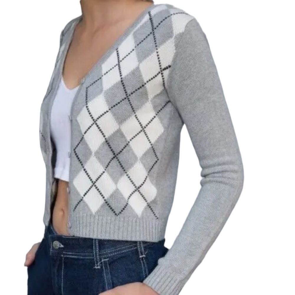 Brandy Melville Gray & Soft White Cropped Argyle Cardigan Button Sweater Small